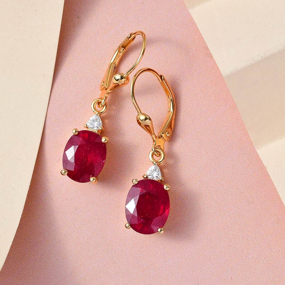 Niassa Ruby (FF) and Moissanite Lever Back Earrings in Vermeil Yellow Gold Over Sterling Silver 8.00 ctw image number 1