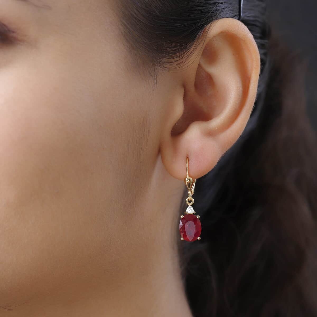 Niassa Ruby (FF) and Moissanite Lever Back Earrings in Vermeil Yellow Gold Over Sterling Silver 8.00 ctw image number 2