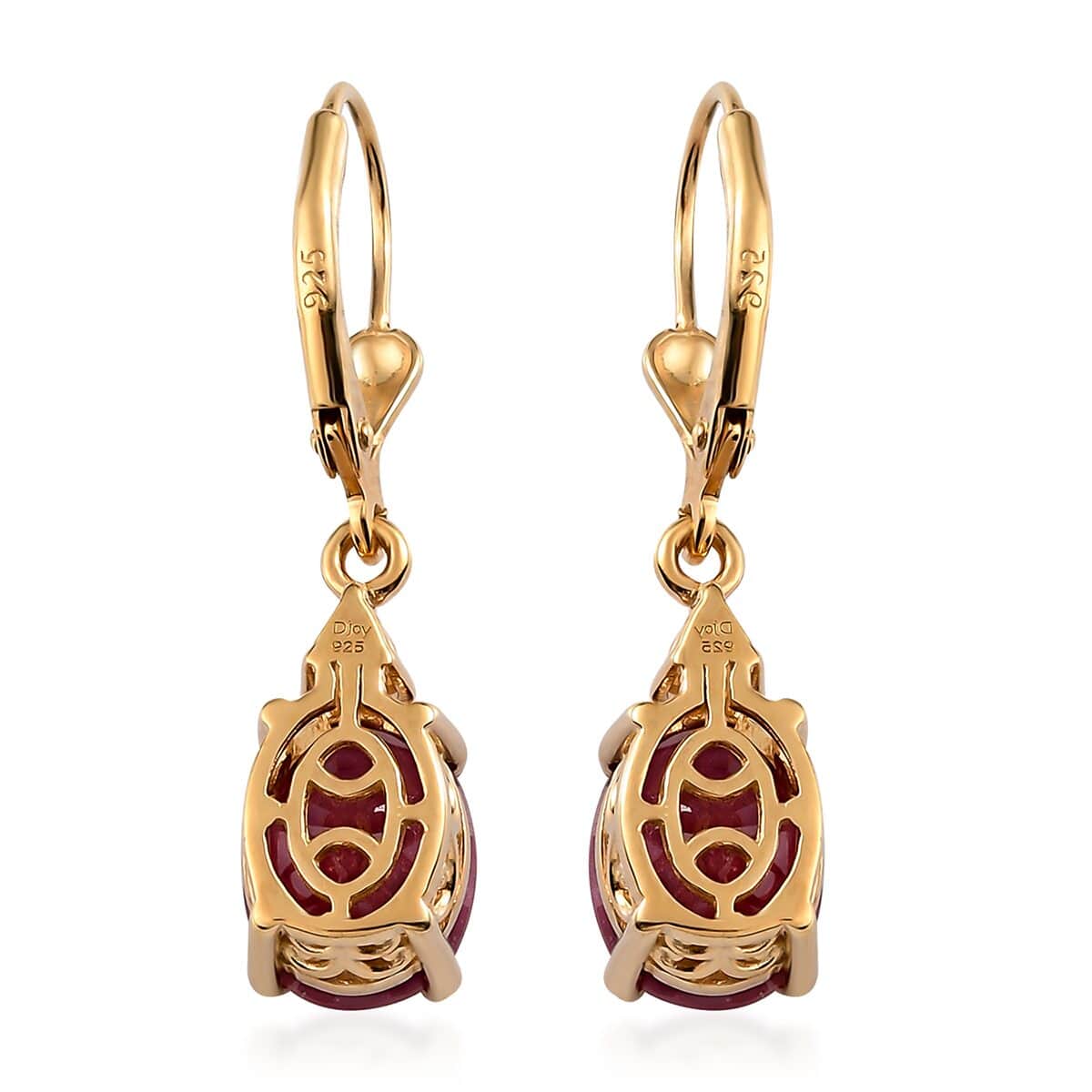 Niassa Ruby (FF) and Moissanite Lever Back Earrings in Vermeil Yellow Gold Over Sterling Silver 8.00 ctw image number 3