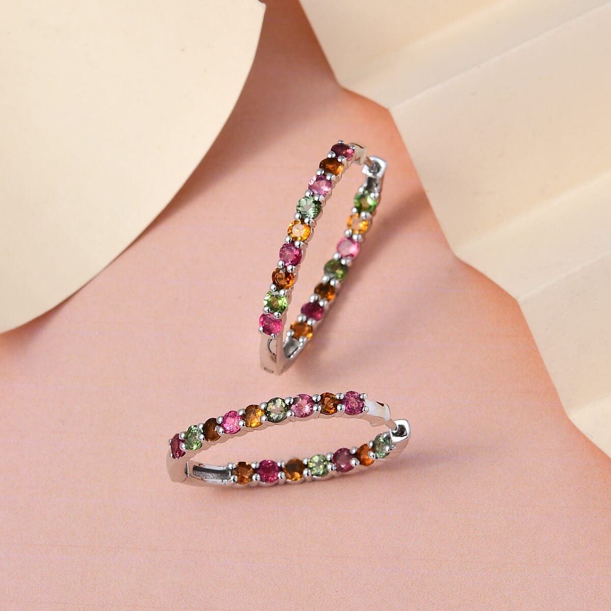 Multi-Tourmaline Inside Out Hoop Earrings in Platinum Over Sterling Silver 3.65 ctw image number 1
