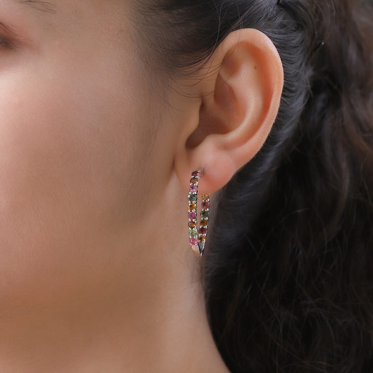 Multi-Tourmaline Inside Out Hoop Earrings in Platinum Over Sterling Silver 3.65 ctw image number 2