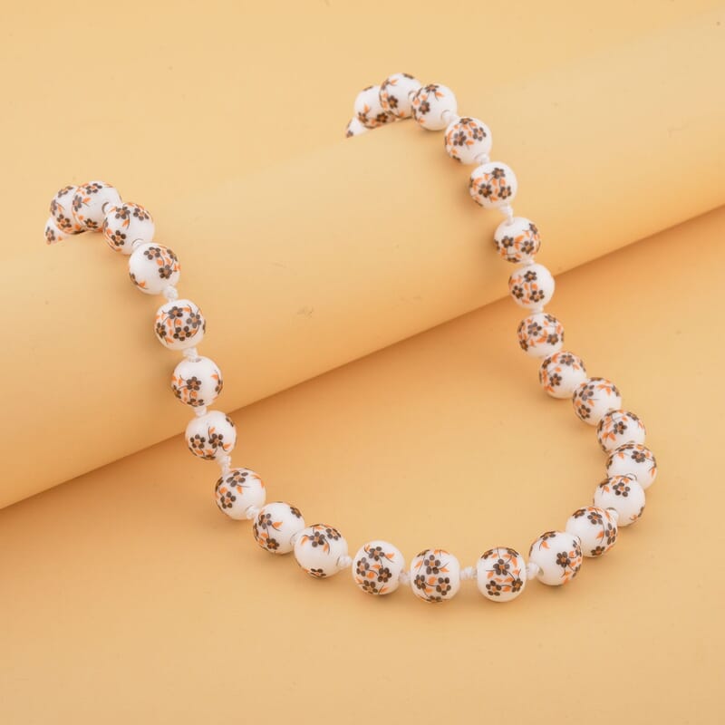 Yellow Flower Ceramic Beaded Knotted Necklace in Silvertone 20 Inches