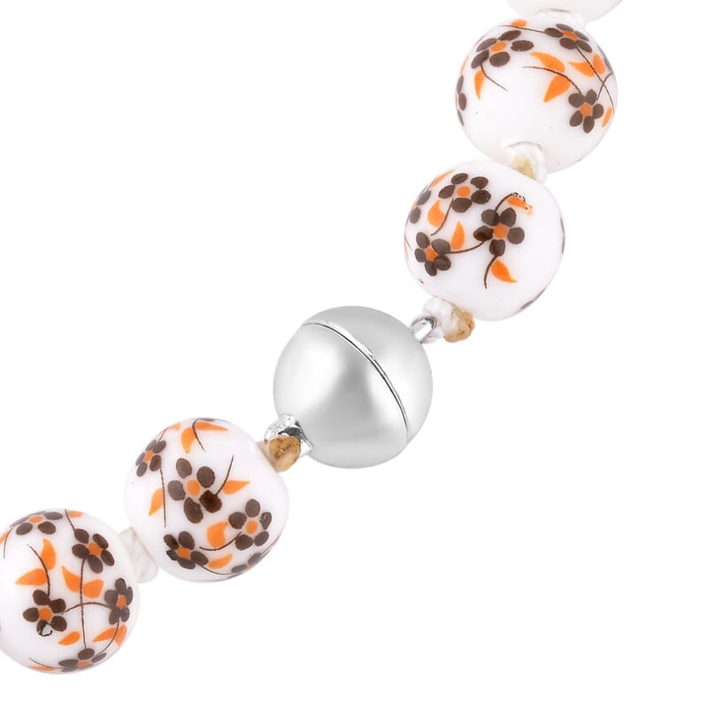 Yellow Flower Ceramic Beaded Knotted Necklace in Silvertone 20 Inches