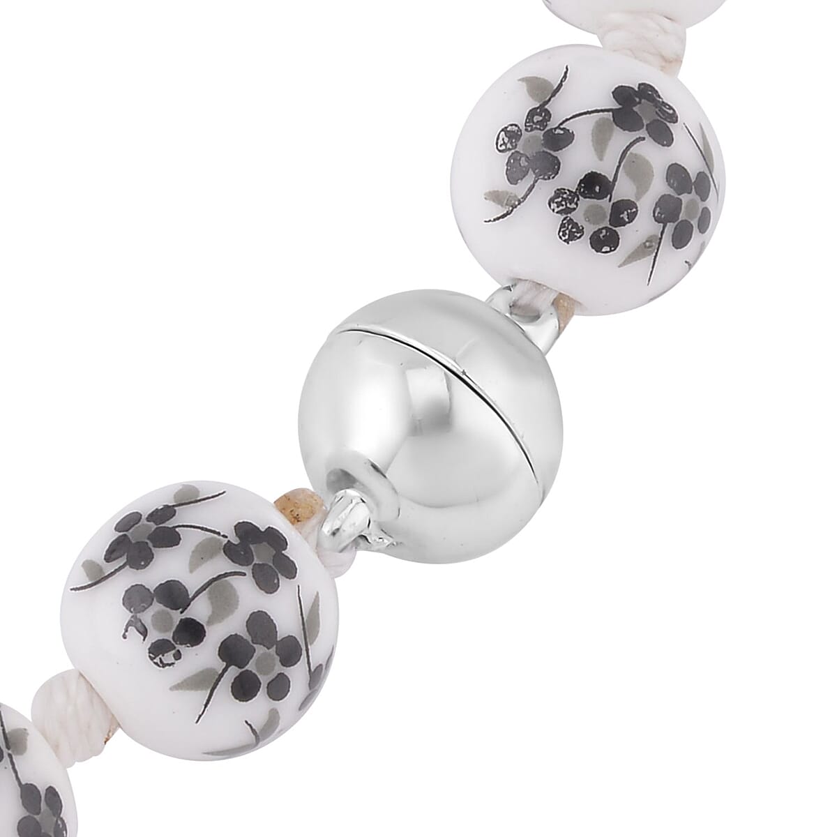 Black Flower Ceramic Beaded Knotted Necklace 20 Inches in Silvertone image number 3