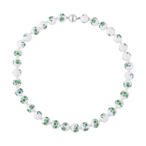 Green Flower Ceramic Beaded Knotted Necklace in Silvertone 20 Inches