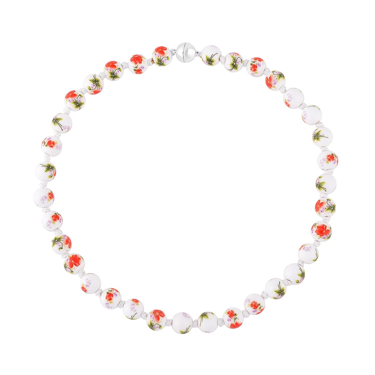 Orange Flower Ceramic Beaded Knotted Necklace in Silvertone 20 Inches image number 0