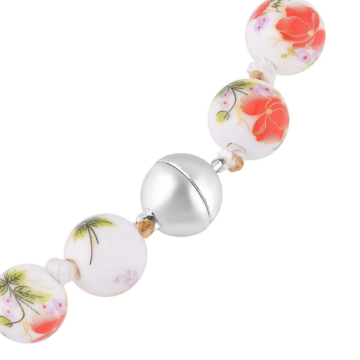 Orange Flower Ceramic Beaded Knotted Necklace in Silvertone 20 Inches image number 3