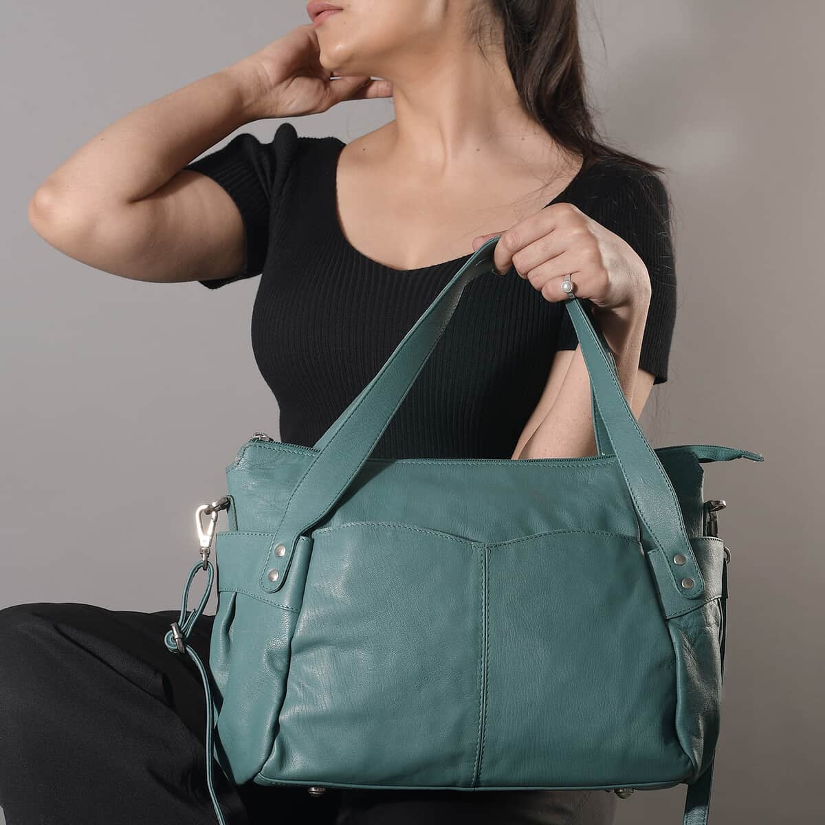 Teal Genuine Leather Bag, RFID Protected Bailey Bag, Leather Handbag For Women, RFID Blocking Bag image number 1