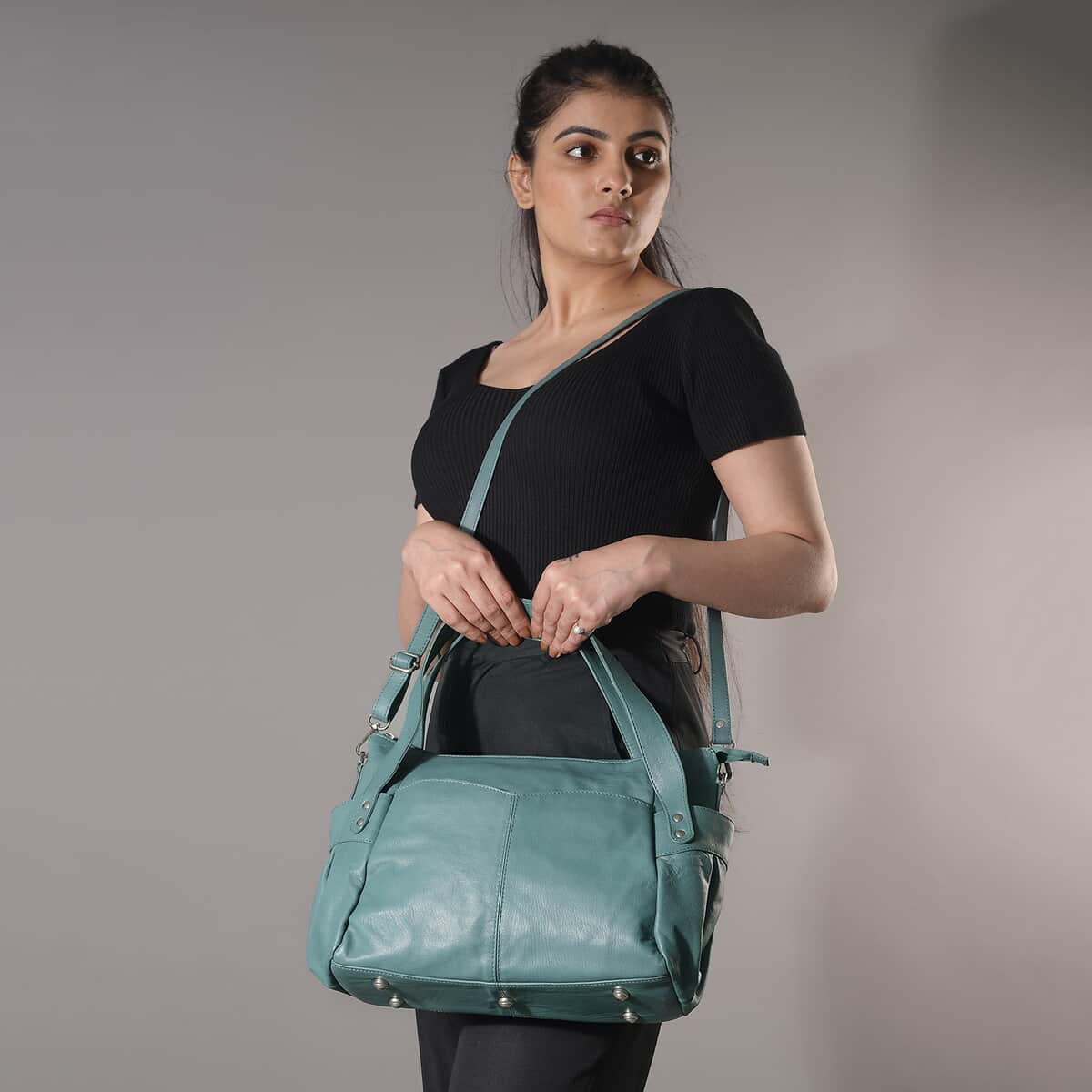 Teal Genuine Leather Bag, RFID Protected Bailey Bag, Leather Handbag For Women, RFID Blocking Bag image number 2