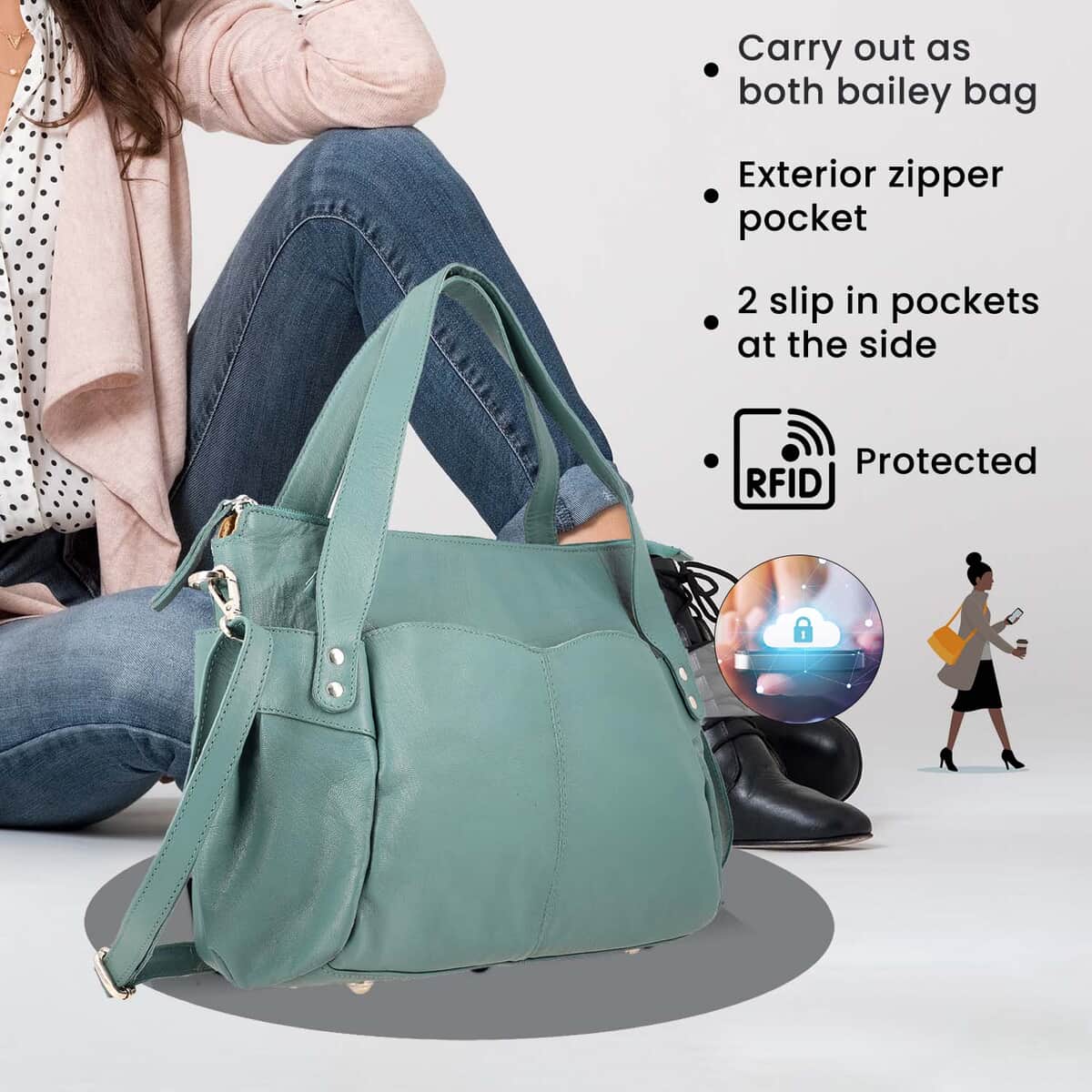 Teal Genuine Leather Bag, RFID Protected Bailey Bag, Leather Handbag For Women, RFID Blocking Bag image number 5
