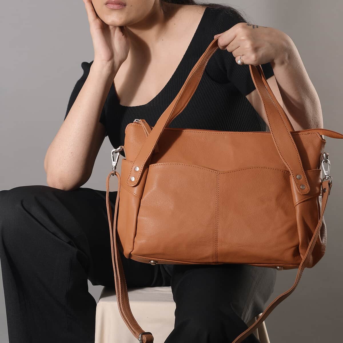 Tan Genuine Leather Bag, RFID Protected Bailey Bag, Leather Handbag For Women, RFID Blocking Bag image number 1