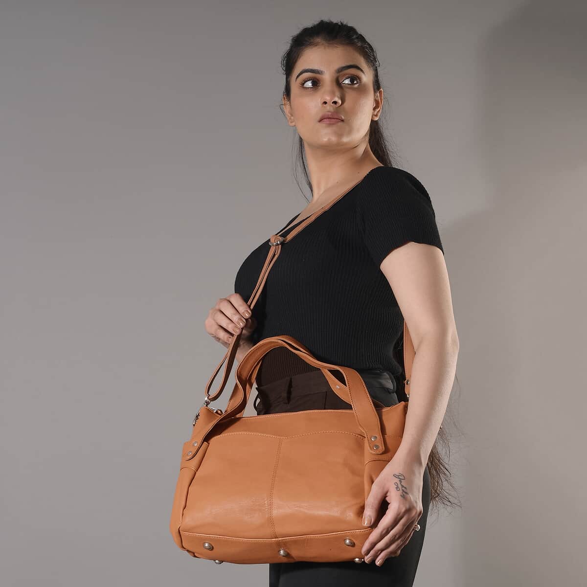 Tan Genuine Leather Bag, RFID Protected Bailey Bag, Leather Handbag For Women, RFID Blocking Bag image number 2