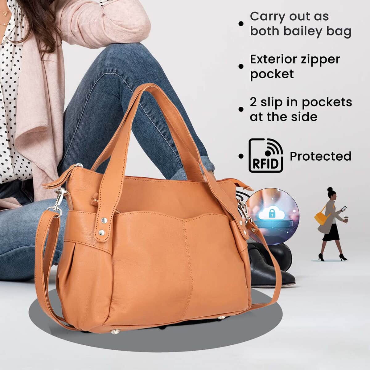 Tan Genuine Leather Bag, RFID Protected Bailey Bag, Leather Handbag For Women, RFID Blocking Bag image number 5