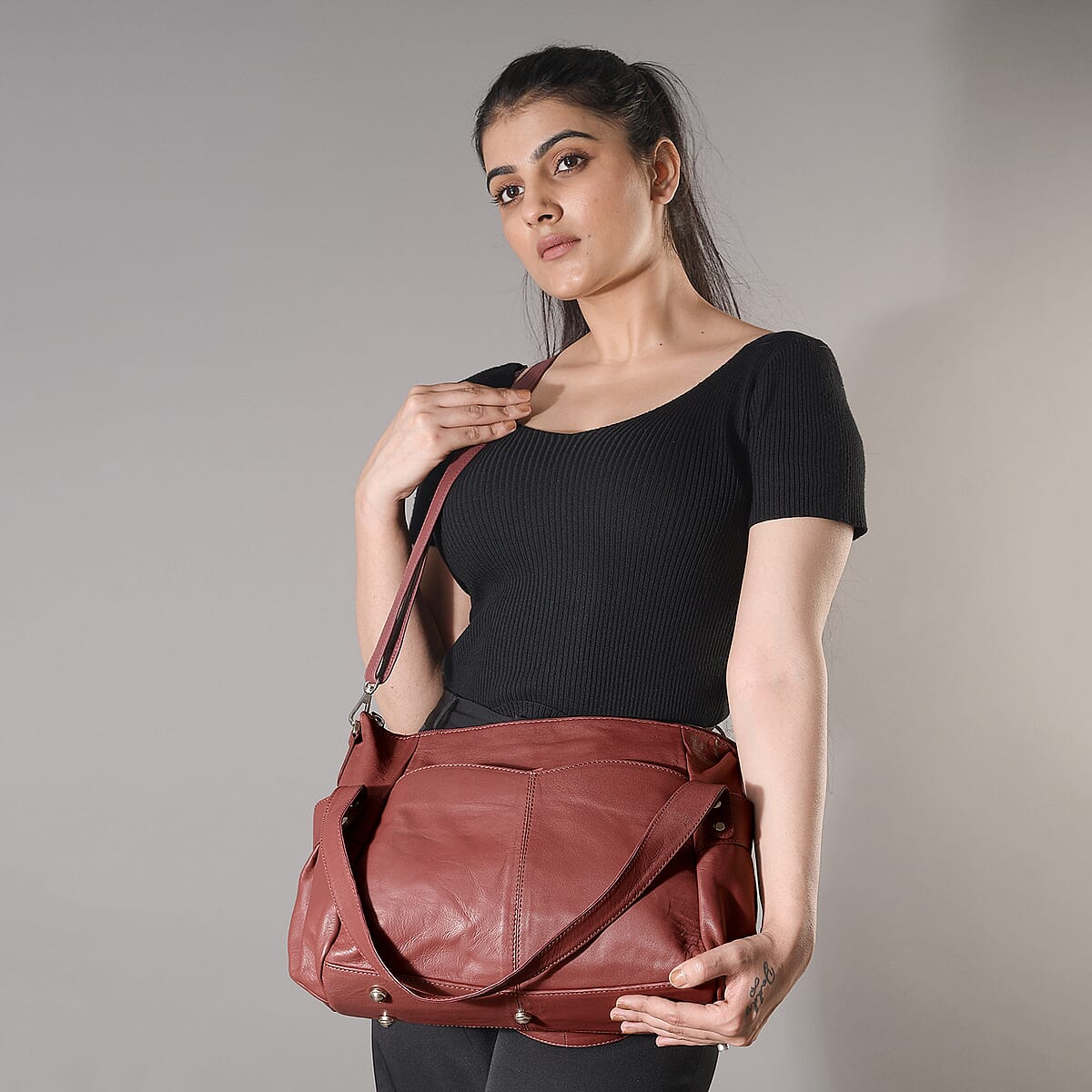 Burgundy Genuine Leather Bag ,RFID Protected Bailey Bag , Leather Handbag For Women , RFID Blocking Bag image number 2