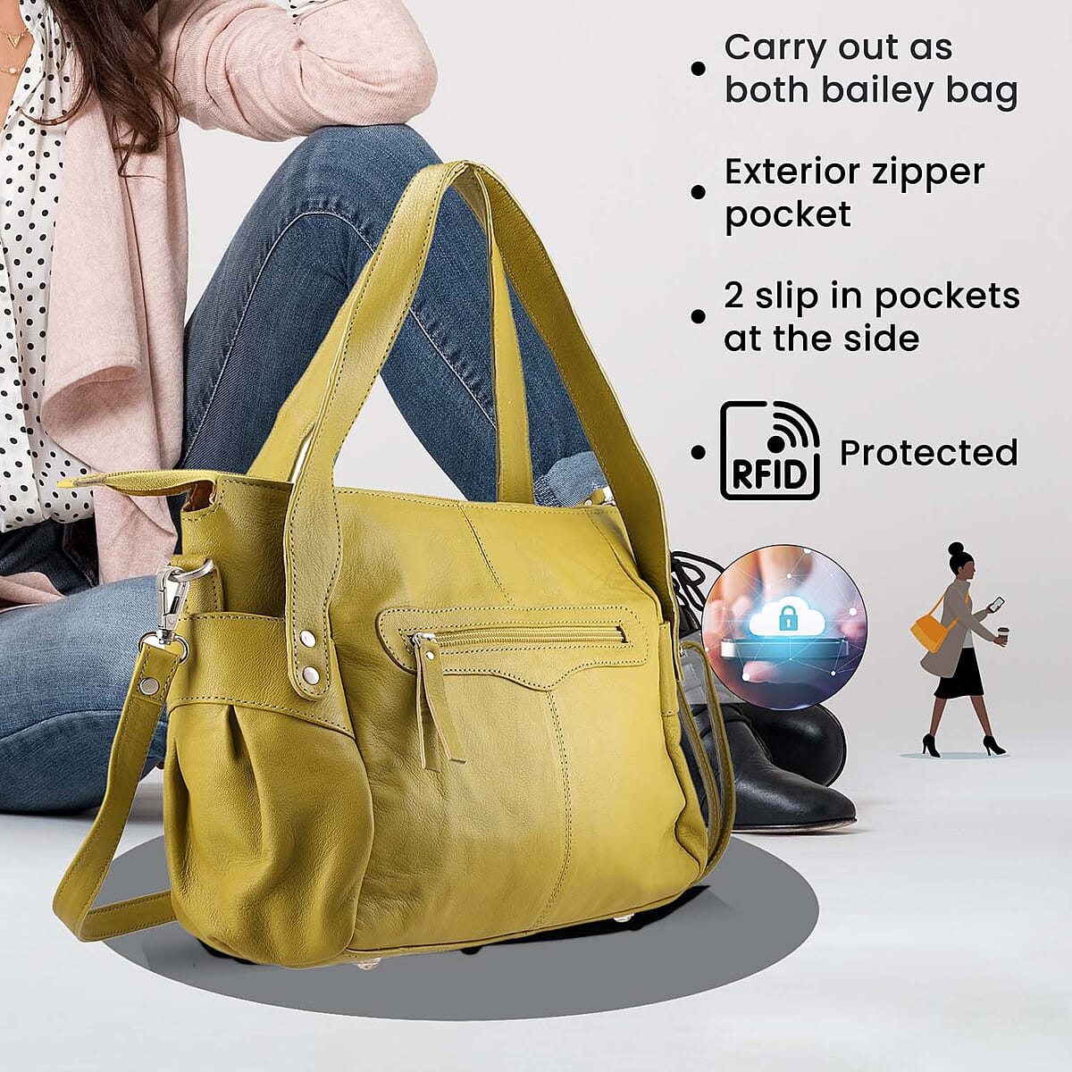 Mustard Genuine Leather Bag, RFID Protected Bailey Bag, Leather Handbag For Women, RFID Blocking Bag image number 5