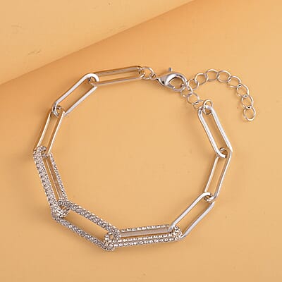 Austrian Crystal Paper Clip Chain Bracelet (7.50-9.50In) in Silvertone