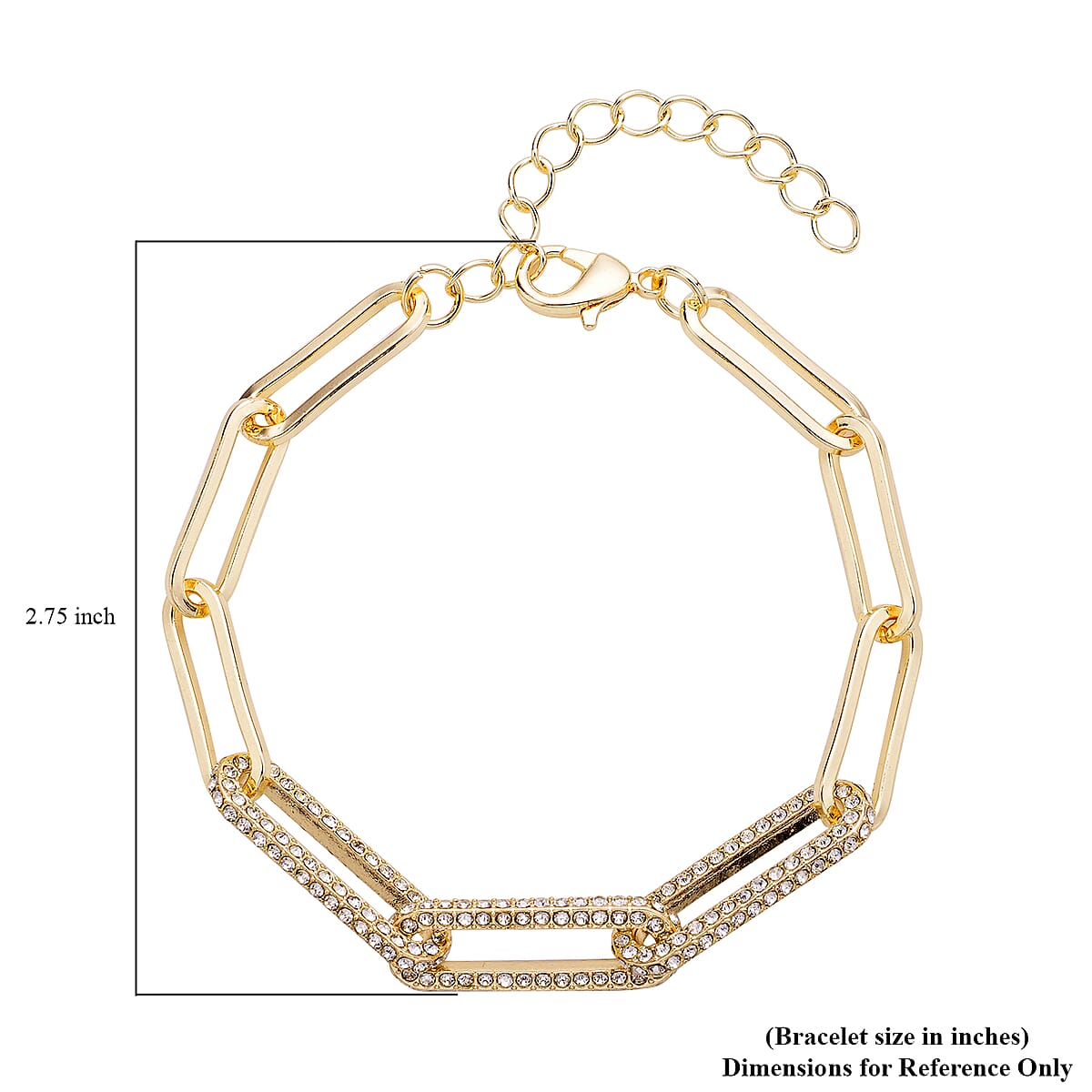 Austrian Crystal Paper Clip Chain Bracelet (7.50-9.50In) in Goldtone image number 3