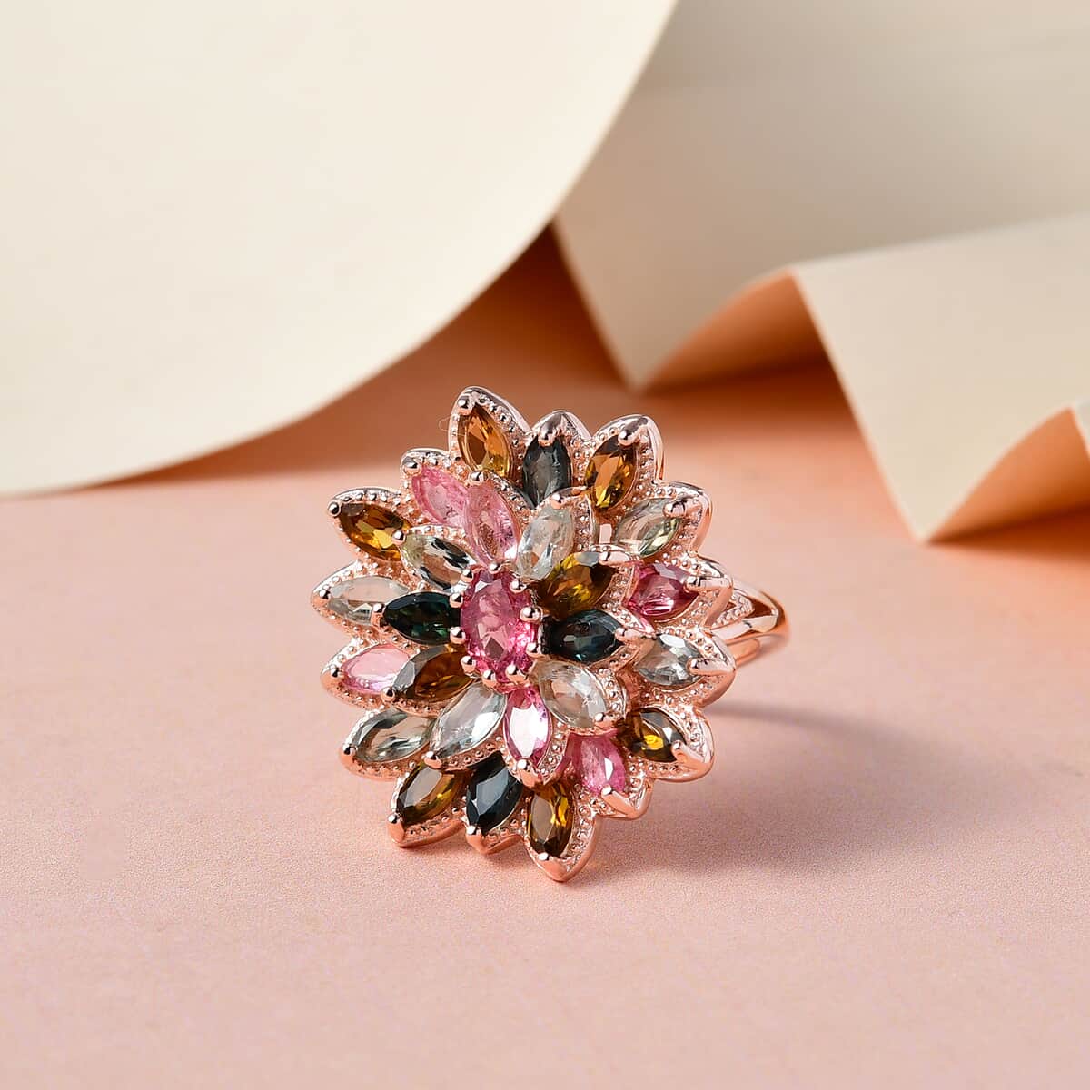 Multi-Tourmaline Floral Spray Ring in Vermeil Rose Gold Over Sterling Silver (Size 10.0) 7.25 Grams 4.25 ctw image number 1