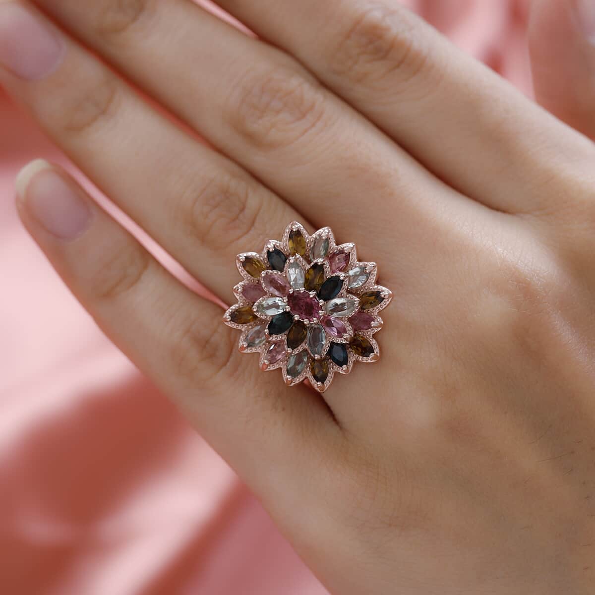 Multi-Tourmaline Floral Spray Ring in Vermeil Rose Gold Over Sterling Silver (Size 10.0) 7.25 Grams 4.25 ctw image number 2