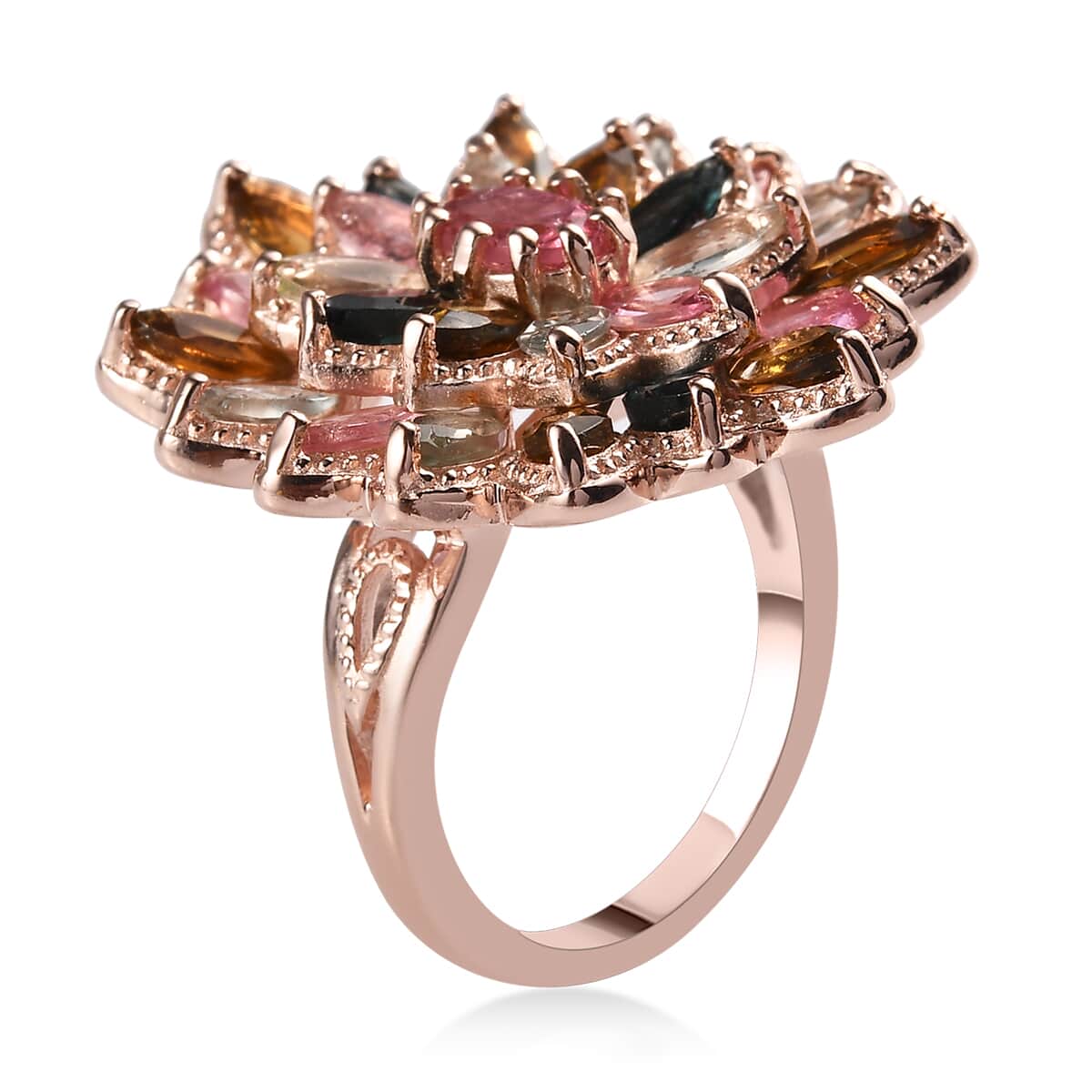 Multi-Tourmaline Floral Spray Ring in Vermeil Rose Gold Over Sterling Silver (Size 10.0) 7.25 Grams 4.25 ctw image number 3