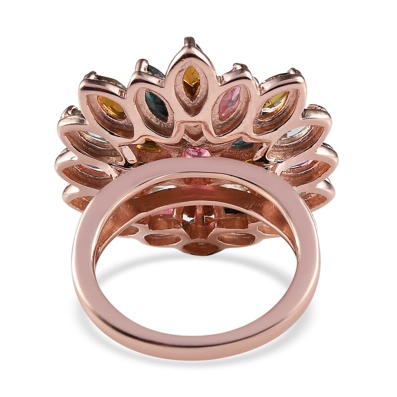 Multi-Tourmaline Floral Spray Ring in Vermeil Rose Gold Over Sterling Silver (Size 10.0) 7.25 Grams 4.25 ctw