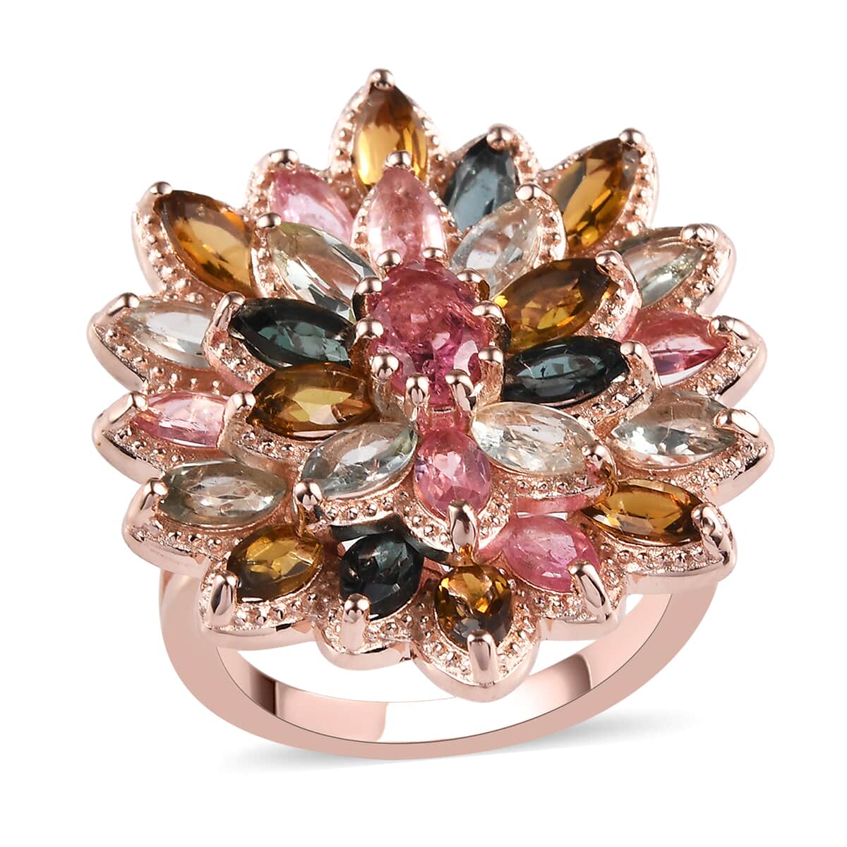 Multi-Tourmaline Floral Spray Ring in Vermeil Rose Gold Over Sterling Silver (Size 5.0) 7.25 Grams 4.25 ctw image number 0