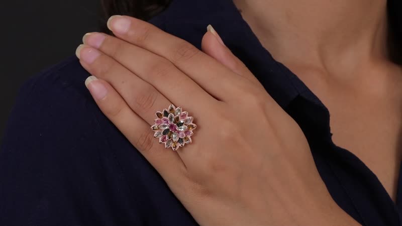 Multi-Tourmaline Floral Spray Ring in Vermeil Rose Gold Over Sterling Silver 7.25 Grams 4.25 ctw