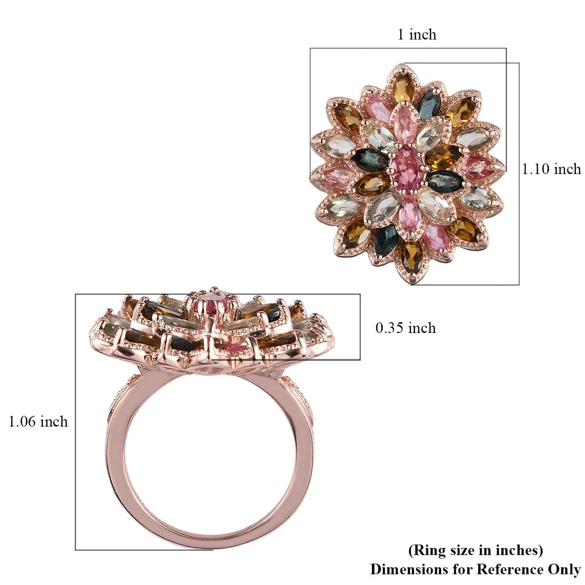 Multi-Tourmaline Floral Spray Ring in Vermeil Rose Gold Over Sterling Silver (Size 5.0) 7.25 Grams 4.25 ctw image number 5