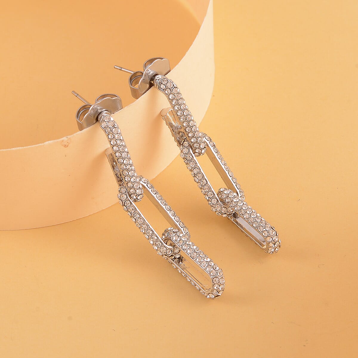 Austrian Crystal Paper Clip Link Earrings in Silvertone image number 1