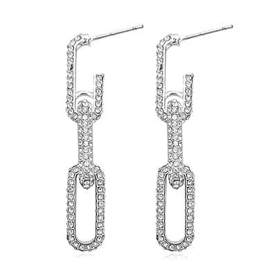 Austrian Crystal Paper Clip Link Earrings in Silvertone