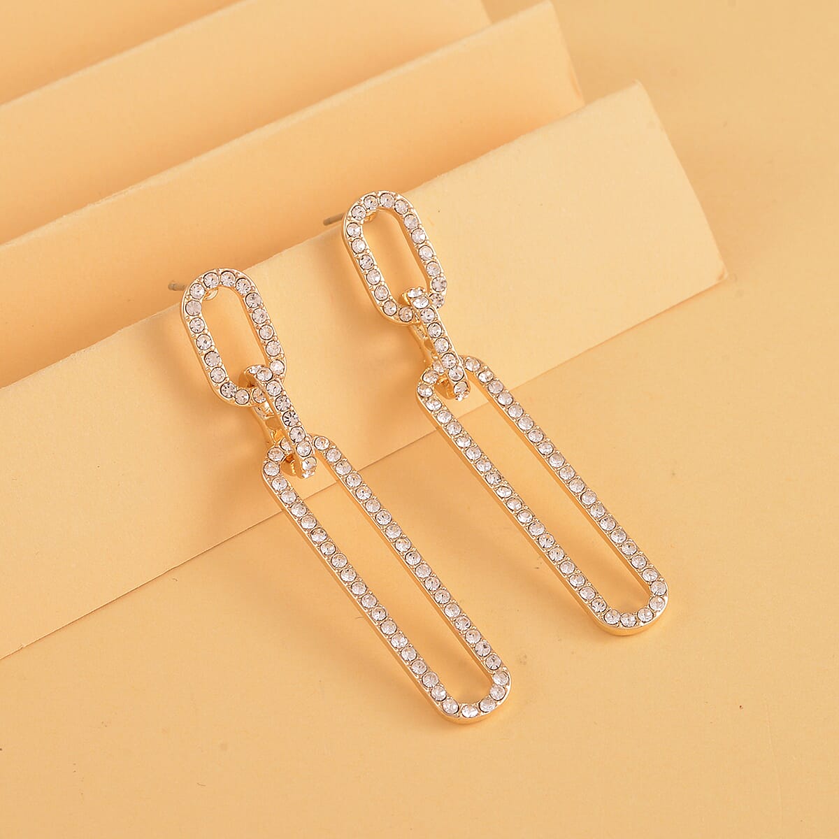 Austrian Crystal Paper Clip Dangle Earrings in Goldtone image number 1