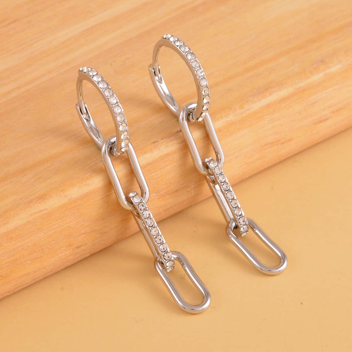 Austrian Crystal Paper Clip Dangle Earrings in Silvertone image number 1