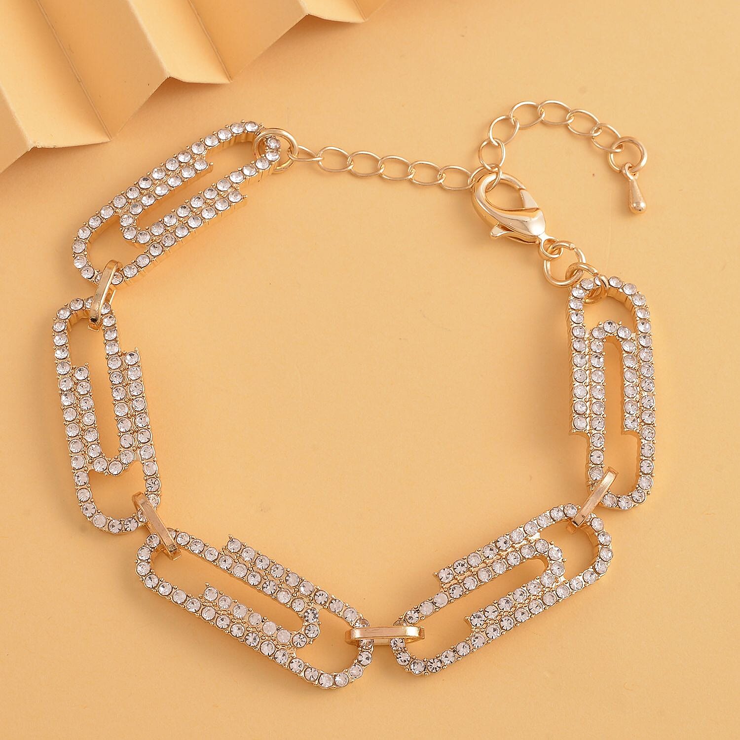 Austrian Crystal Beautiful Paper Clip Bracelet in Goldtone (7.0-9.0In)