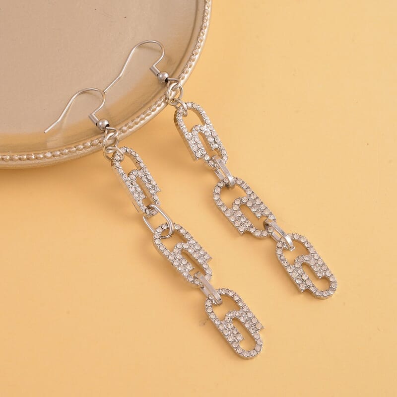 Austrian Crystal Paper Clip Dangle Earrings in Silvertone & Stainless Steel , Tarnish-Free, Waterproof, Sweat Proof Jewelry