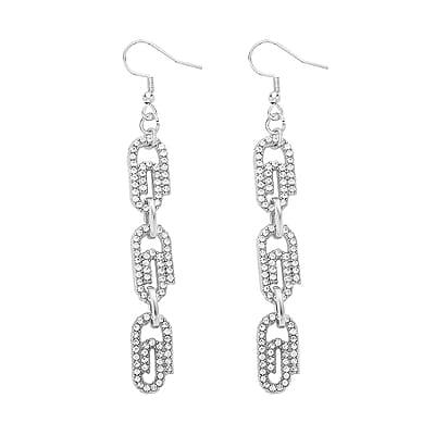 Austrian Crystal Paper Clip Dangle Earrings in Silvertone & Stainless Steel , Tarnish-Free, Waterproof, Sweat Proof Jewelry