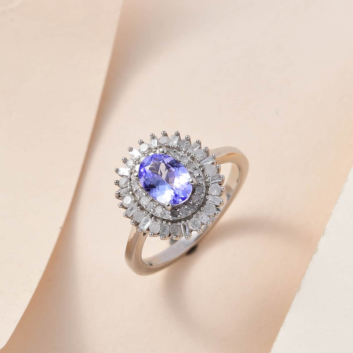 Tanzanite and Diamond Double Halo Ring in Platinum Over Sterling Silver (Size 10.0) 1.35 ctw image number 1
