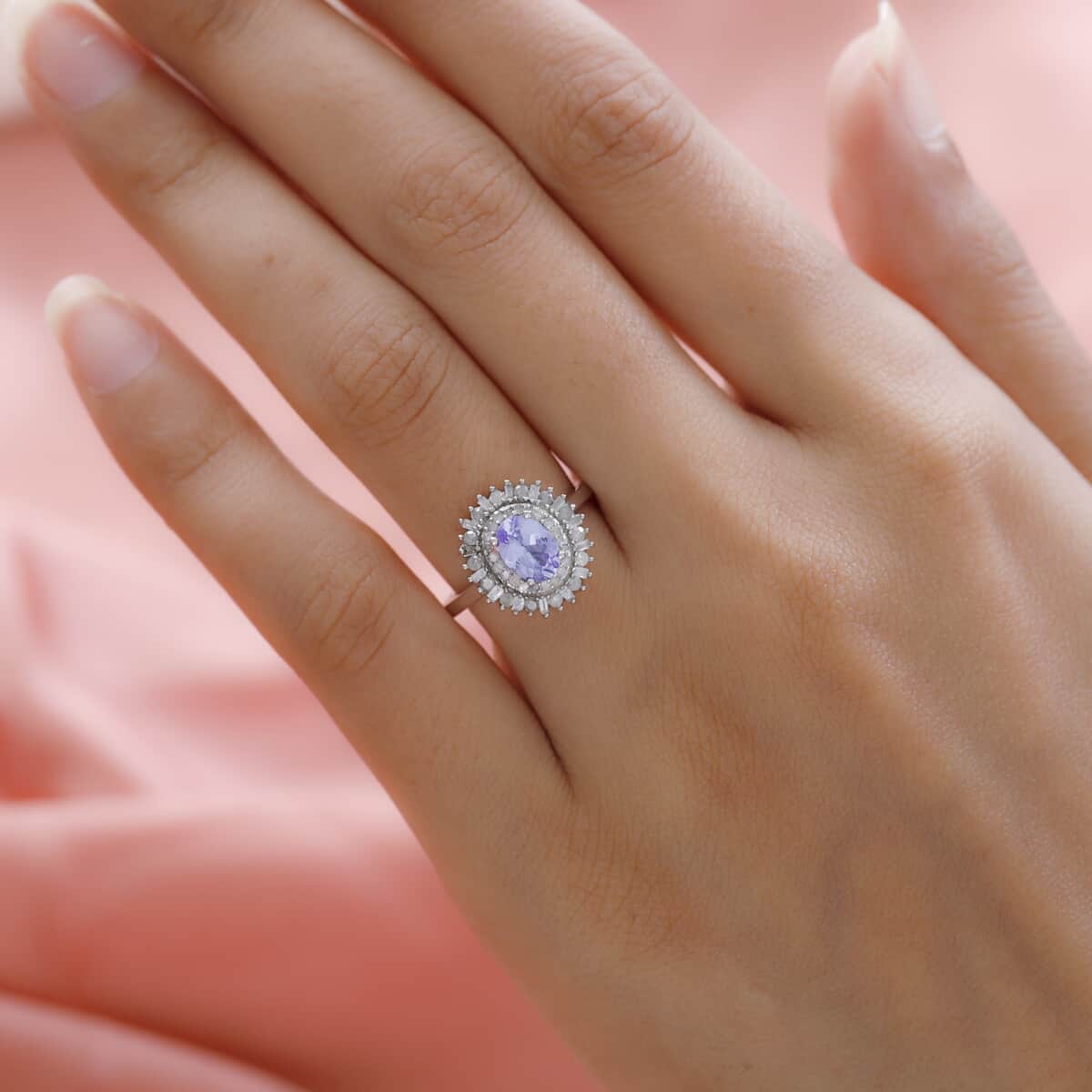 Tanzanite, Diamond (0.45 cts) Double Halo Ring in Platinum Over Sterling Silver (Size 6.0) 1.35 ctw image number 2