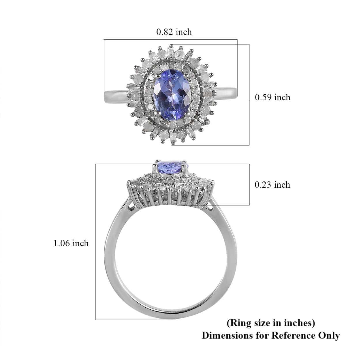 Tanzanite, Diamond (0.45 cts) Double Halo Ring in Platinum Over Sterling Silver (Size 6.0) 1.35 ctw image number 5