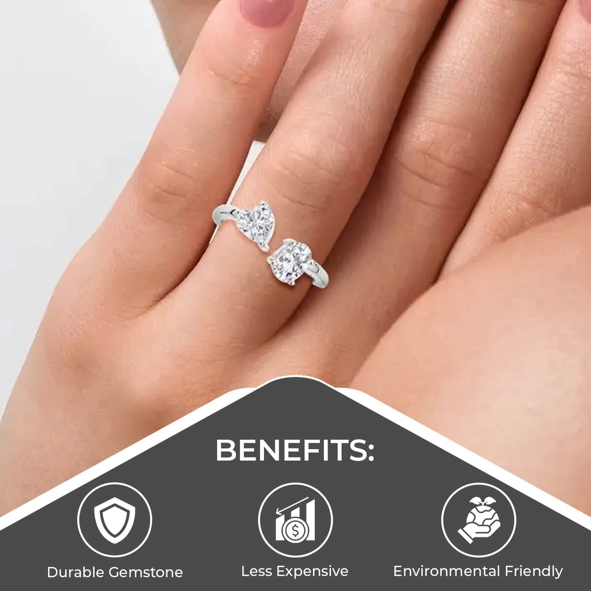 Luxoro Moissanite Bypass Ring, Heart and Oval Open Band Ring, 10K White Gold Ring, Oval Engagement Ring, Moissanite Jewelry 1.60 ctw (Size 7.0) image number 3