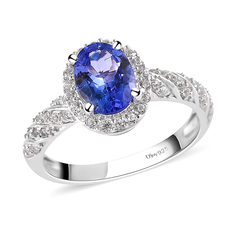 Tanzanite and Natural White Zircon Halo Ring in Platinum Over Sterling Silver (Size 10.0) 1.65 ctw