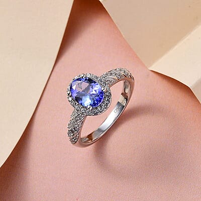 Tanzanite and Natural White Zircon Halo Ring in Platinum Over Sterling Silver (Size 10.0) 1.65 ctw