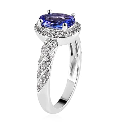 Tanzanite and Natural White Zircon Halo Ring in Platinum Over Sterling Silver (Size 10.0) 1.65 ctw