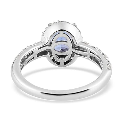 Tanzanite and Natural White Zircon Halo Ring in Platinum Over Sterling Silver (Size 10.0) 1.65 ctw