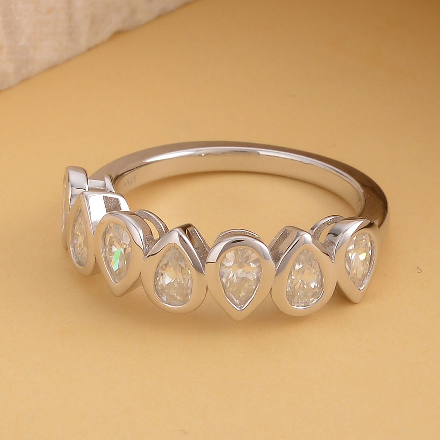 Moissanite Pear Shaped Band Ring in Rhodium Over Sterling Silver (Size 10.0) 1.30 ctw