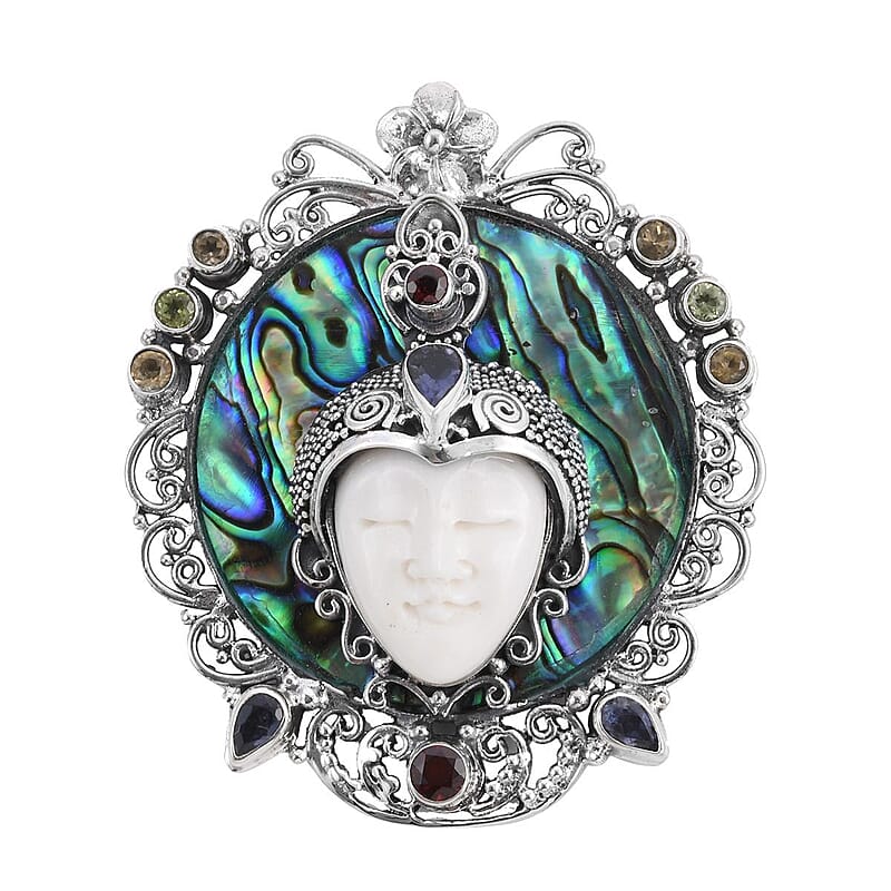 Bali Goddess Carved Bone and Multi Gemstone Pendant in Sterling Silver 2.90 ctw