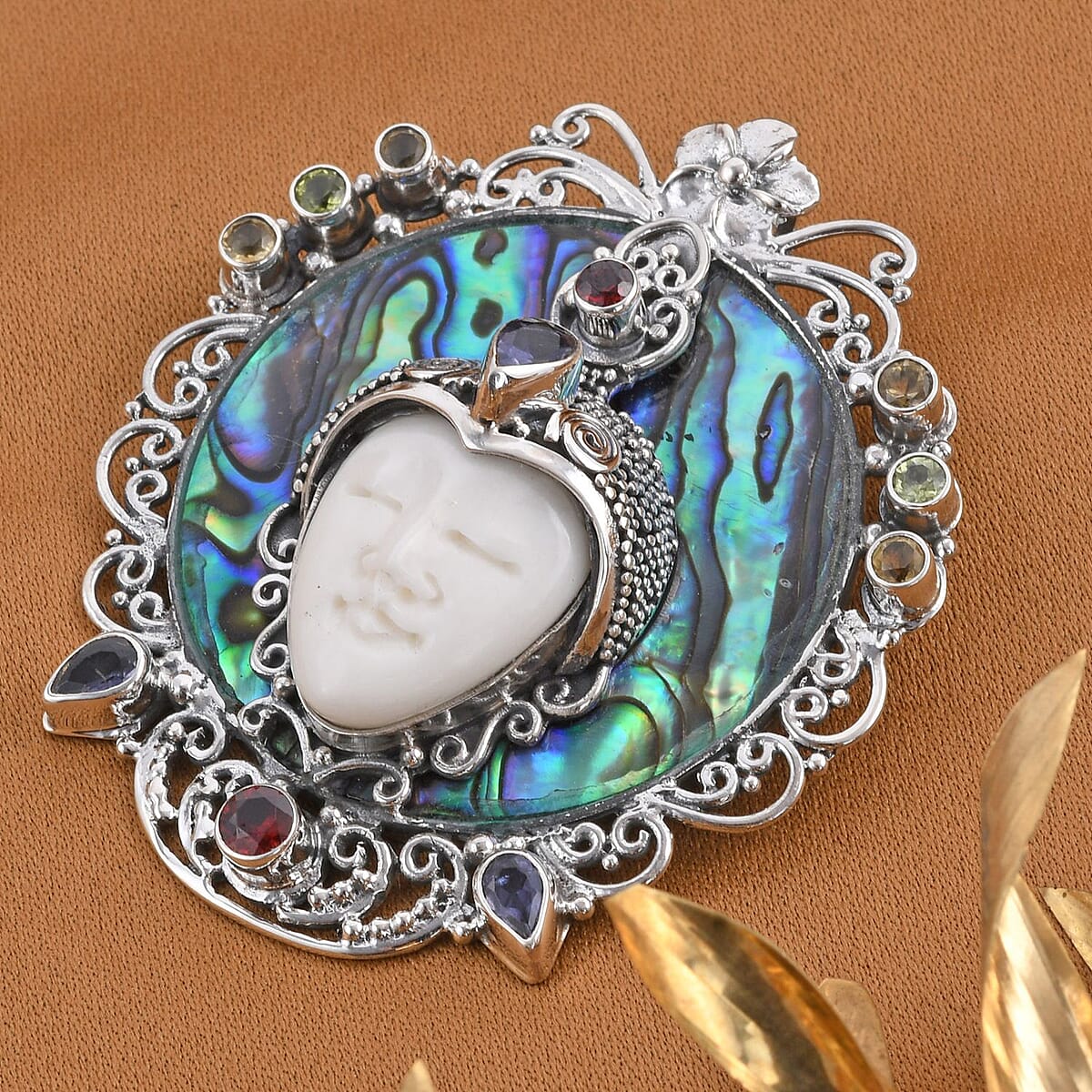 Bali Goddess Carved Bone and Multi Gemstone Pendant in Sterling Silver 2.90 ctw image number 1