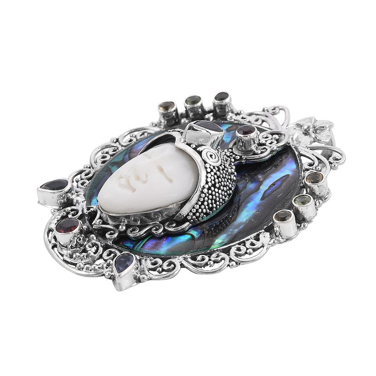 Bali Goddess Carved Bone and Multi Gemstone Pendant in Sterling Silver 2.90 ctw