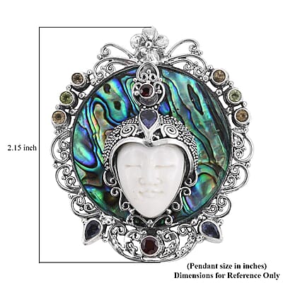 Bali Goddess Carved Bone and Multi Gemstone Pendant in Sterling Silver 2.90 ctw