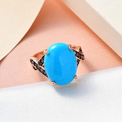 Premium Sleeping Beauty Turquoise and Natural Champagne Diamond Ring in Vermeil RG Over Sterling Silver (Size 10.0) 7.70 ctw