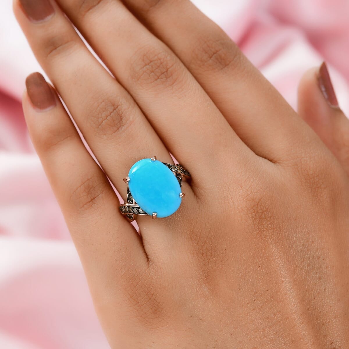Premium American Natural Sleeping Beauty Turquoise and Natural Champagne Diamond Ring in Vermeil RG Over Sterling Silver 7.70 ctw image number 2
